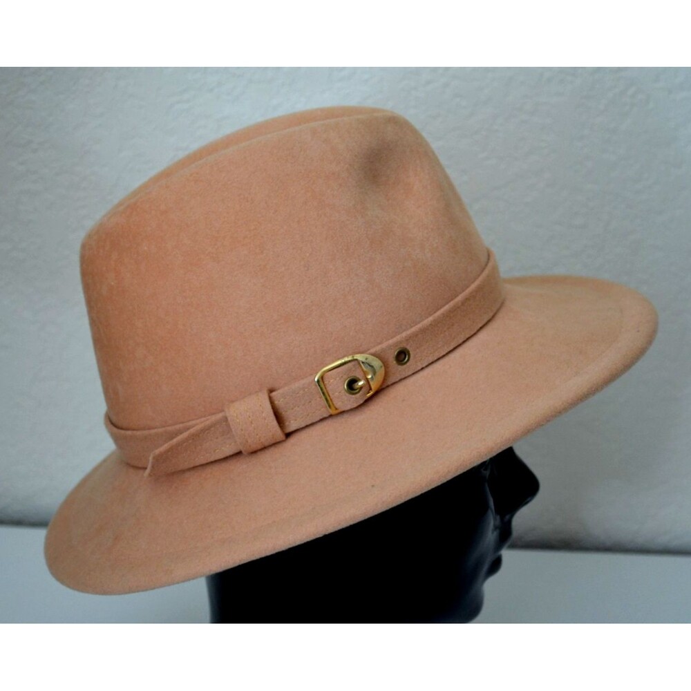 Vtg Womens Halston Excello Tan Wool Fedora Hat Geo W. Bollman & Co Buckle S/M